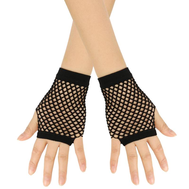 Fingerlose Netzhandschuhe Damen Kurze Mesh Handschuhe Fischnetz Handschuhe Halb Finger Karneval Party Handschuhe Stretch Fishnet Gloves 80er Jahre Retro Party Tanz Disco Handschuhe (Black, One Size) von Yubenhong