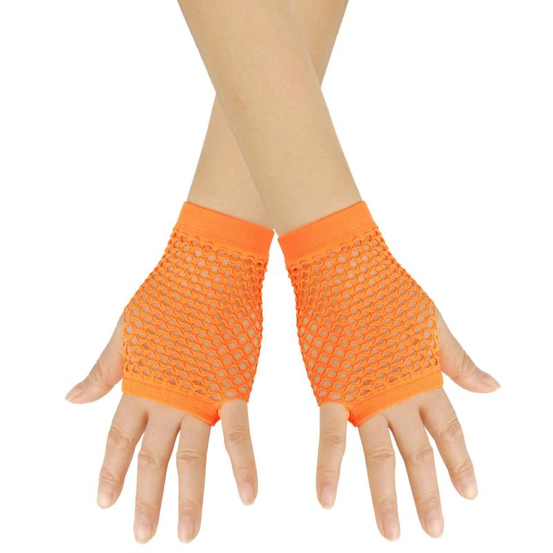 Fingerlose Netzhandschuhe Damen Kurze Mesh Handschuhe Fischnetz Handschuhe Halb Finger Karneval Party Handschuhe Stretch Fishnet Gloves 80er Jahre Retro Party Tanz Disco Handschuhe (Orange, One Size) von Yubenhong