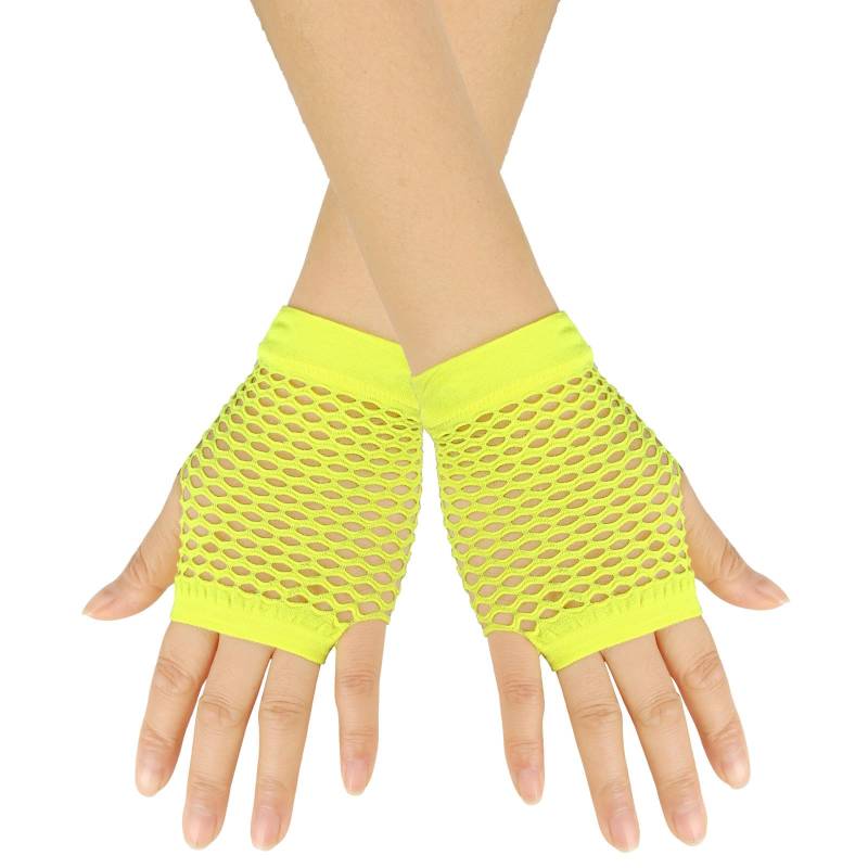 Fingerlose Netzhandschuhe Damen Kurze Mesh Handschuhe Fischnetz Handschuhe Halb Finger Karneval Party Handschuhe Stretch Fishnet Gloves 80er Jahre Retro Party Tanz Disco Handschuhe (Yellow, One Size) von Yubenhong