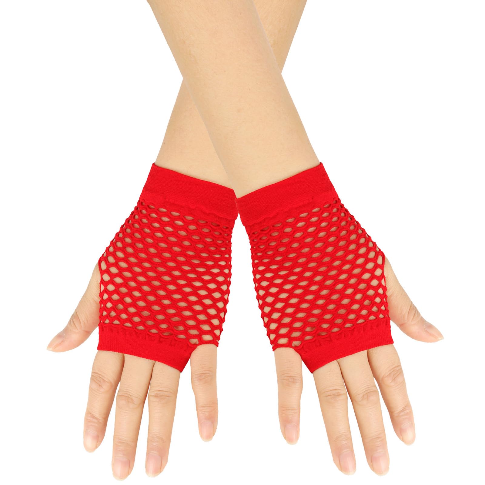 Fingerlose Netzhandschuhe Damen Kurze Mesh Handschuhe Fischnetz Handschuhe Halb Finger Karneval Party Handschuhe Stretch Fishnet Gloves 80er Jahre Retro Party Tanz Disco Handschuhe Mit (Red, One Size) von Yubenhong