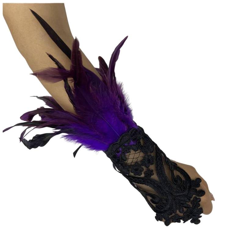 Spitzenhandschuhe Fingerlose Damenhandschuhe Mesh-Federhandschuhe Langhandschuhe Feder Spitze Fingerlose Lange Handschuhe Feder Manschetten Feder Armband Federn Kostüm Karneval (Purple, One Size) von Yubenhong