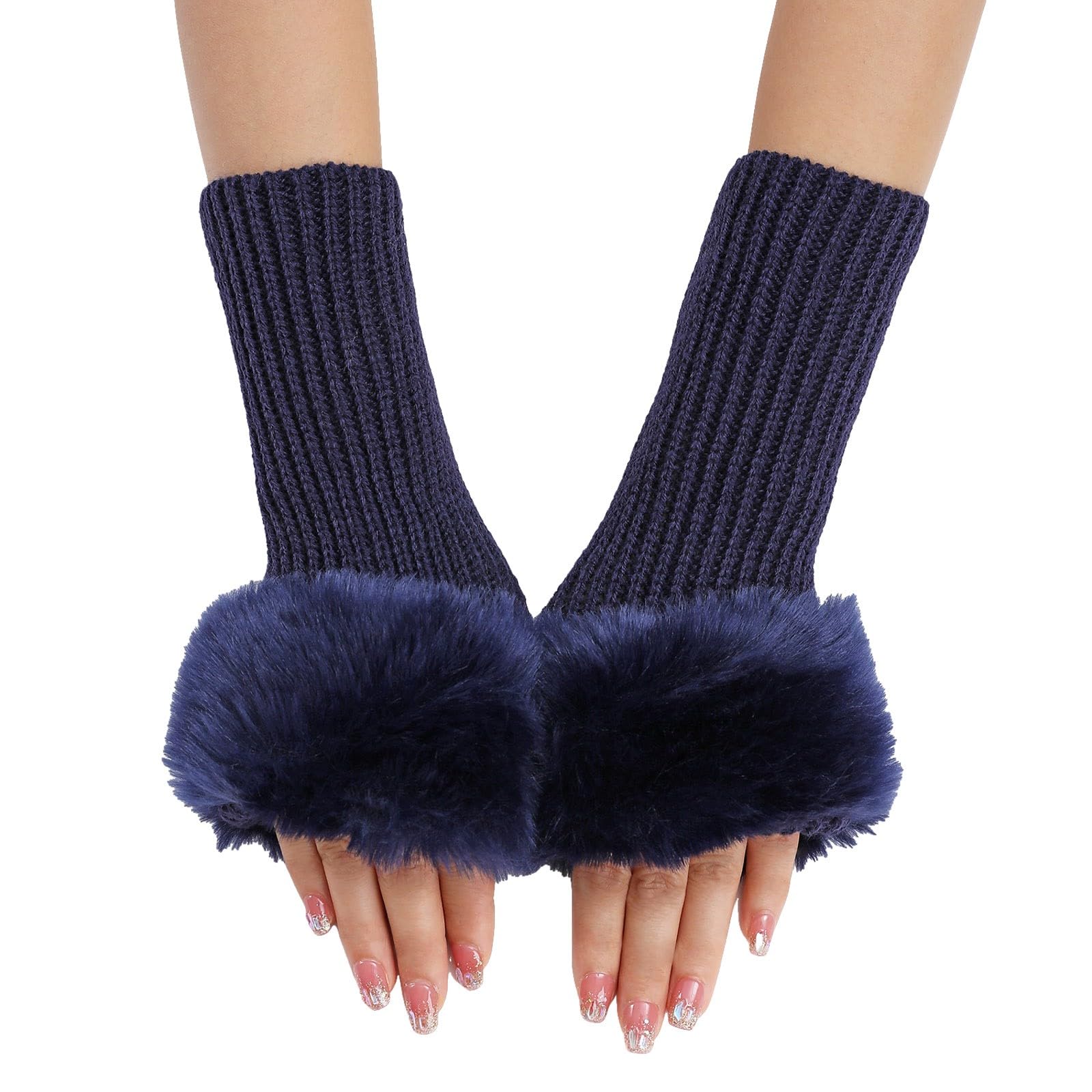 Winter Gestrickte Handschuhe mit Plüsch für Damen Warm Strick Handschuhe Pluswärmer Handstulpen Armwärmer Stulpen für Damen Fingerlose Armstulpen Feinstrick lang Handwärmer Stulpen (Blue, One Size) von Yubenhong