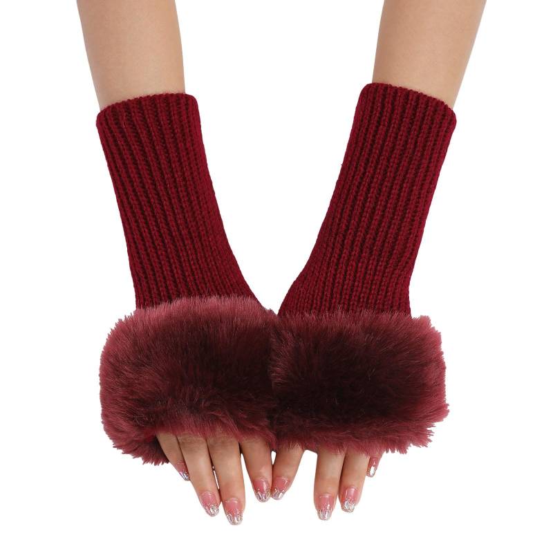 Winter Gestrickte Handschuhe mit Plüsch für Damen Warm Strick Handschuhe Pluswärmer Handstulpen Armwärmer Stulpen für Damen Fingerlose Armstulpen Feinstrick lang Handwärmer Stulpen (Red, One Size) von Yubenhong