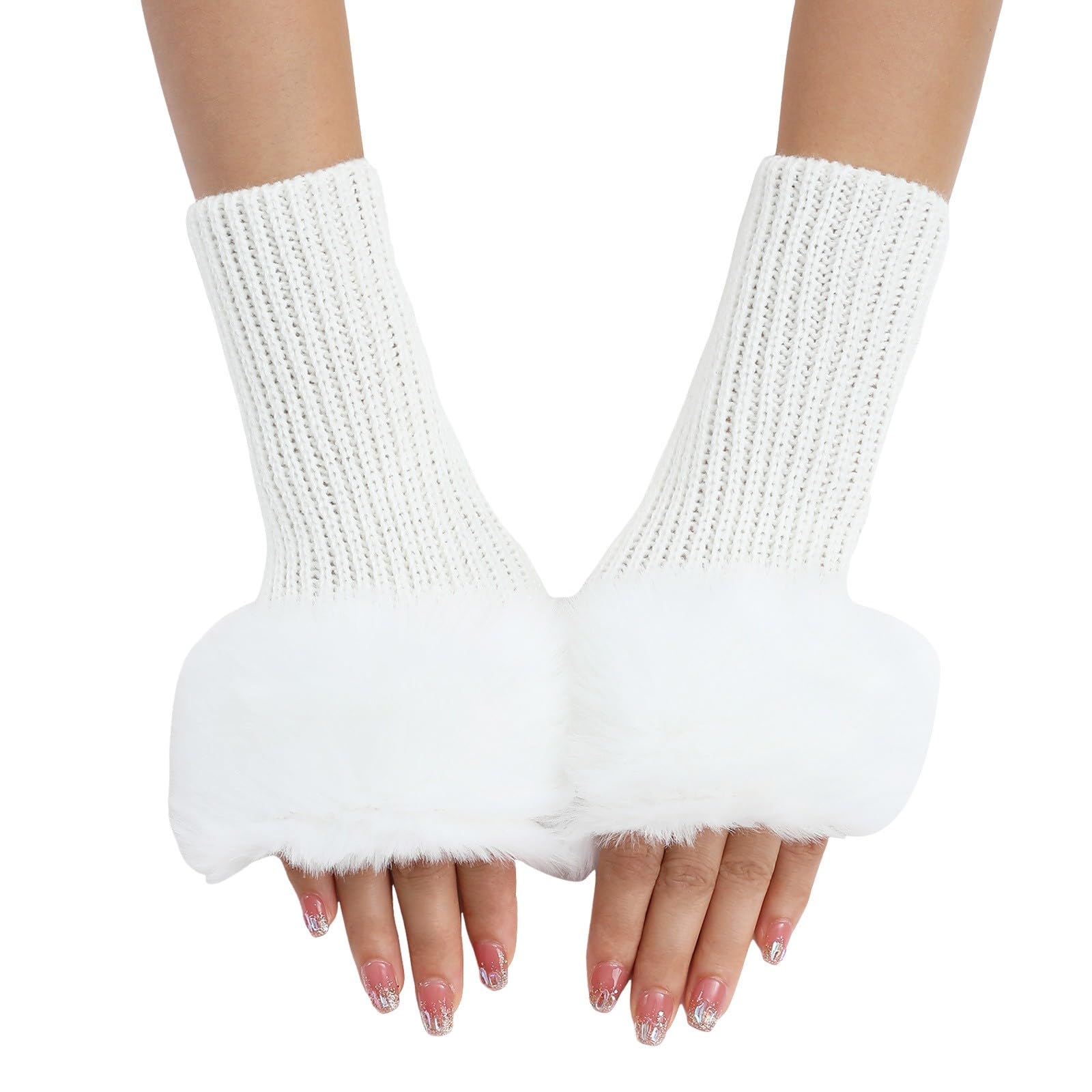 Winter Gestrickte Handschuhe mit Plüsch für Damen Warm Strick Handschuhe Pluswärmer Handstulpen Armwärmer Stulpen für Damen Fingerlose Armstulpen Feinstrick lang Handwärmer Stulpen (White, One Size) von Yubenhong