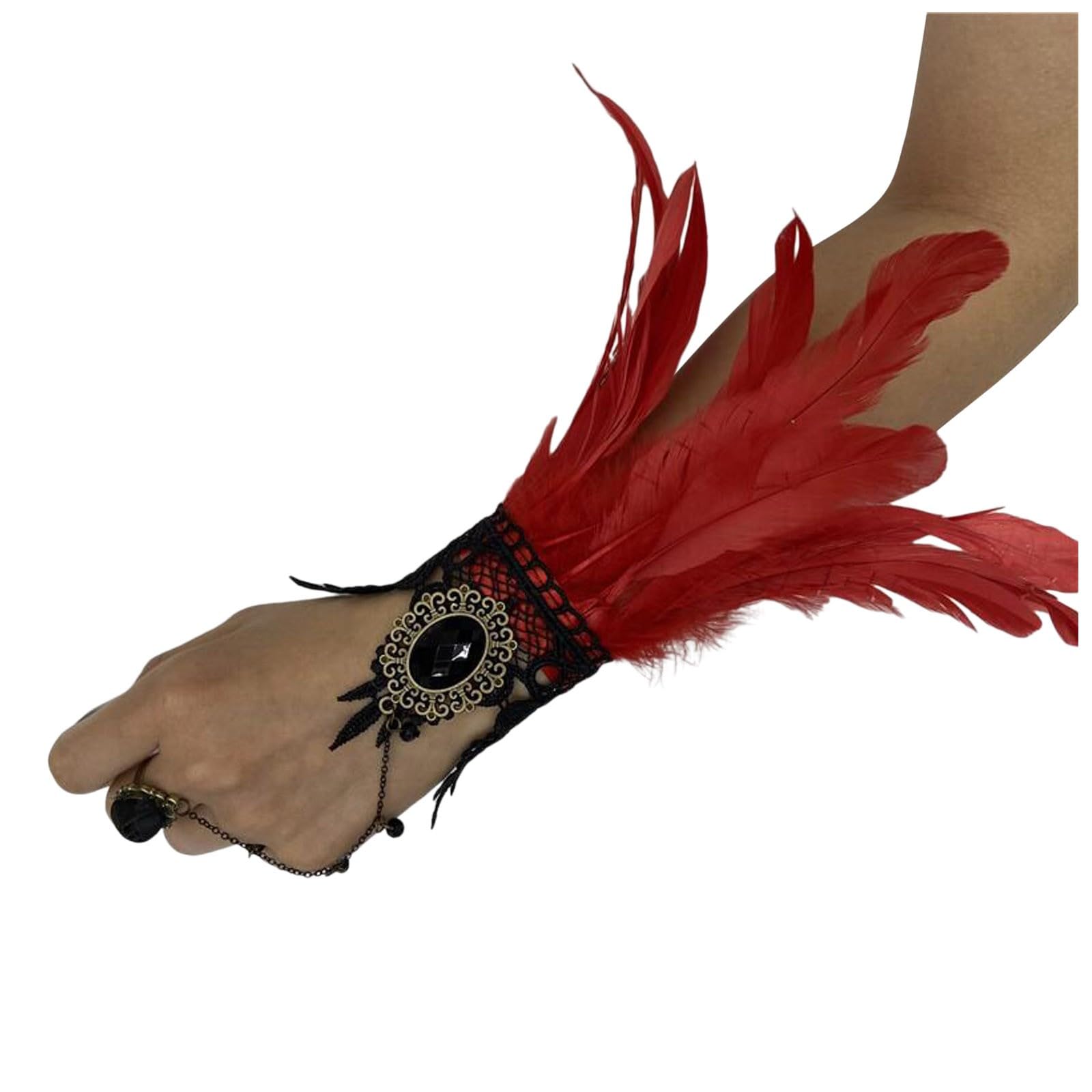 Yubenhong Feder Manschetten, Feder Armband Federn Kostüm Karneval Kostüme Dekorative Federärmel Federspitze Damen-Handschuhe Fingerlose Hexenhandschuhe Ärmel für Hochzeit, Halloween, (Red, One Size) von Yubenhong