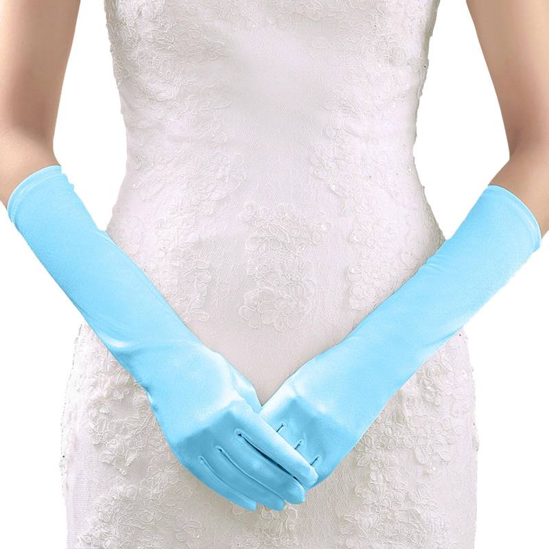 1920er Handschuhe für Damen Ellenbogen Lang Satin Handschuhe, Handschuhe Damen Elegant, Satin Classic Abendhandschuhe Halloween Karneval Cosplay Party Kostüm Handschuhe (Sky Blue, One Size) von YueYue