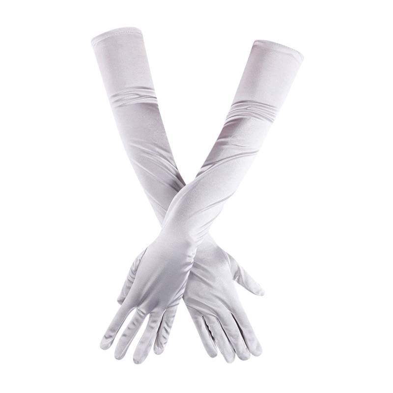 Damen Elegant Handschuhe Lang Schwarz Satinhandschuhe Ellenbogenhandschuhe Classic Vintage Abendhandschuhe für Halloween Weihnachten Karneval Party Opera Abschlussfeiern Hochzeiten (White, One Size) von YueYue