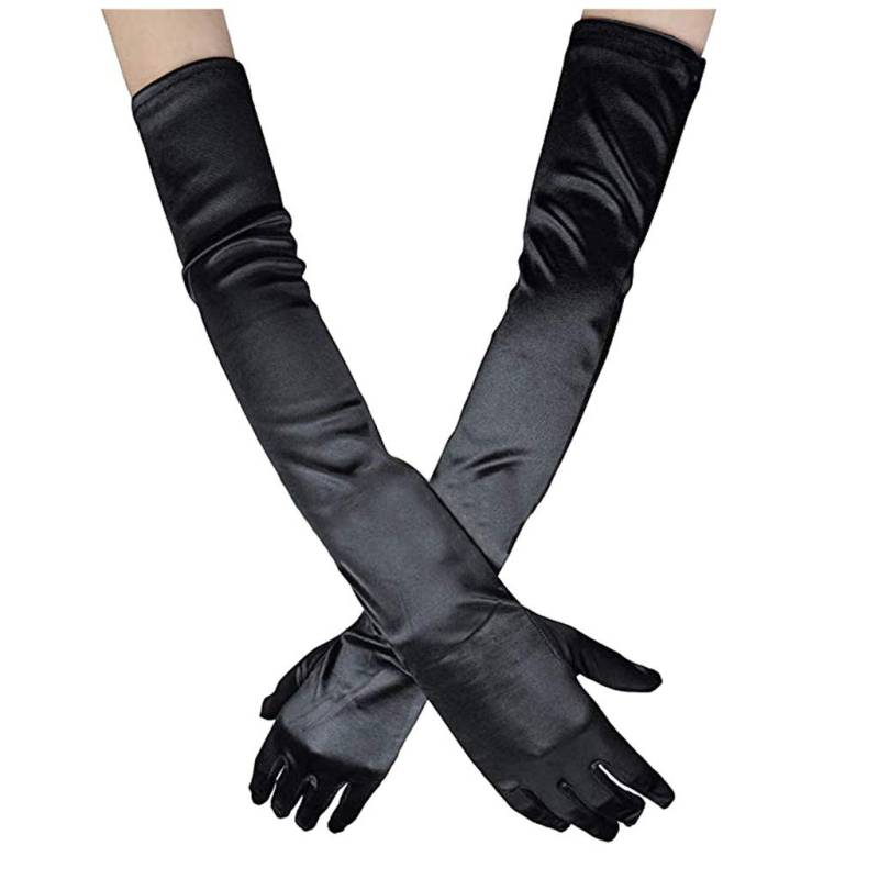 Damen Satin Handschuhe Lang Classic Abendhandschuhe 1920er Handschuhe für Damen Ellenbogenhandschuhe Handschuhe Elegant Damen Abendhandschuhe Opernhandschuhe Damen Party Kostüm (Black, One Size) von YueYue