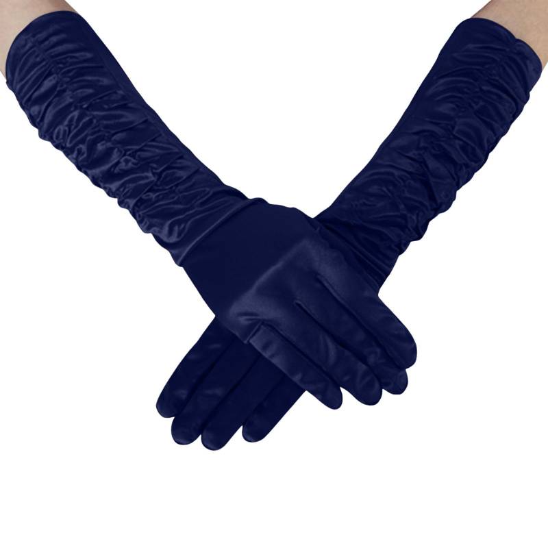 Handschuhe Damen Lang Satin Handschuhe Elegant Damen Plissee Vintage Abendhandschuhe 1920er Handschuhe Ellenbogenhandschuhe für Classic Opera Party Hochzeit Halloween Karneval Kostüm (Navy, One Size) von YueYue