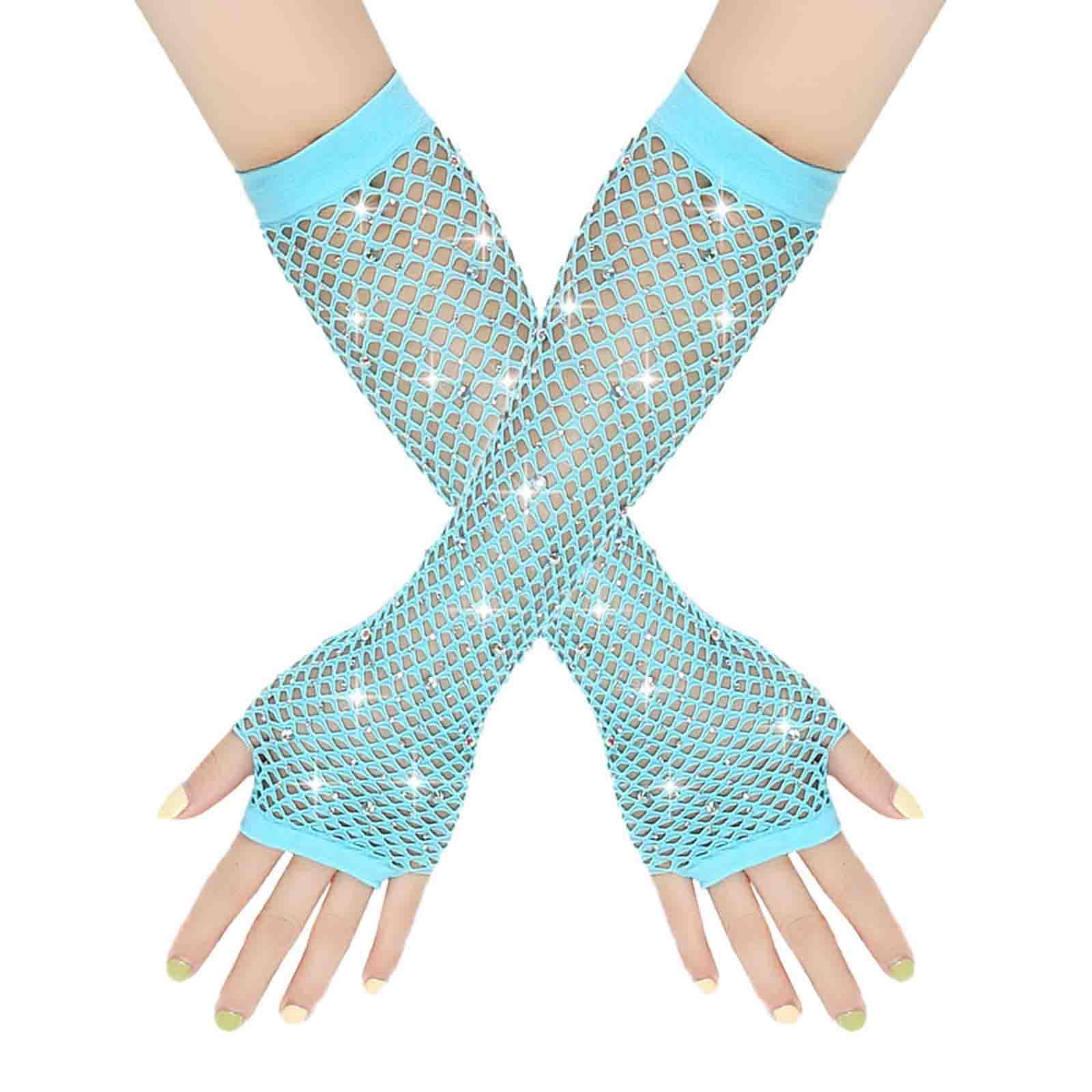 Netzhandschuhe Lange Fischnetz Fingerlose Handschuhe Netzhandschuhe für Damen mit Strass Fishnet Glänzende Modische Opernhandschuhe Glitzernde Handschuhe für 80er Jahre (Sky Blue, One Size) von YueYue