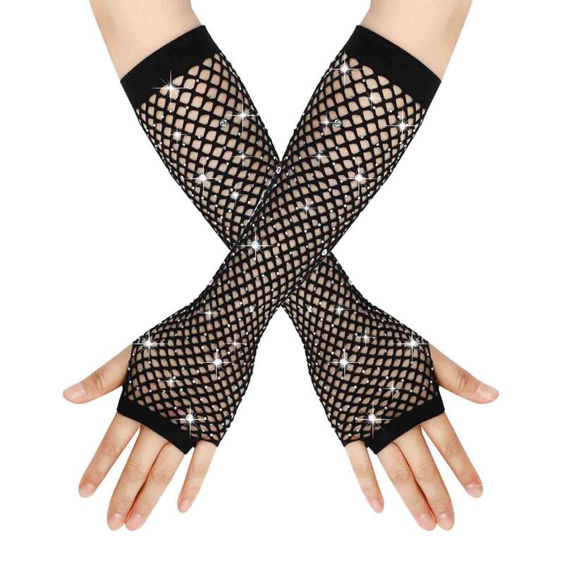 Netzhandschuhe Lange Fischnetz Fingerlose Handschuhe Netzhandschuhe für Damen mit Strass Fishnet Glänzende Modische Opernhandschuhe Glitzernde Handschuhe für 80er Jahre Kostümparty (Black, One Size) von YueYue