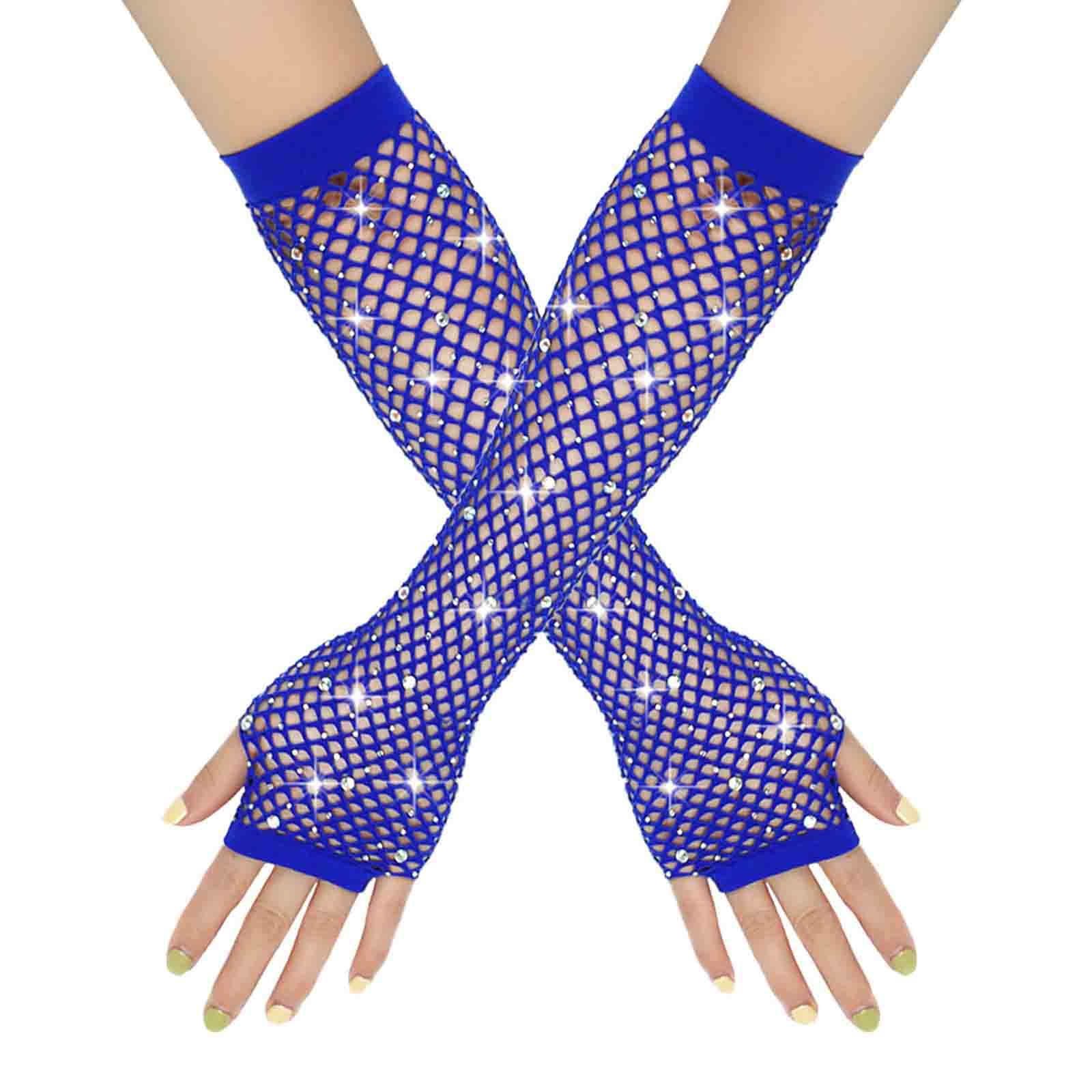 Netzhandschuhe Lange Fischnetz Fingerlose Handschuhe Netzhandschuhe für Damen mit Strass Fishnet Glänzende Modische Opernhandschuhe Glitzernde Handschuhe für 80er Jahre Kostümparty (Blue, One Size) von YueYue