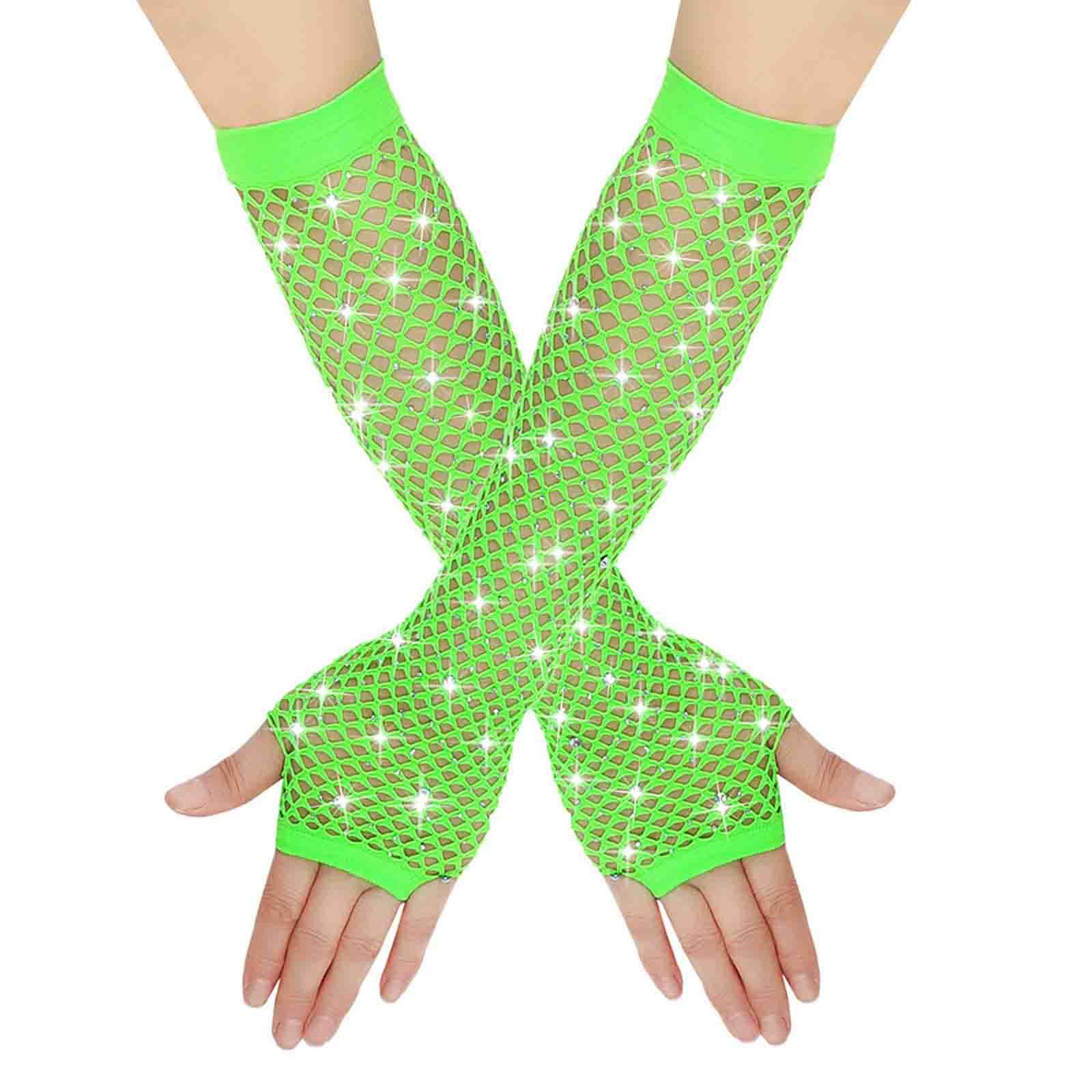 Netzhandschuhe Lange Fischnetz Fingerlose Handschuhe Netzhandschuhe für Damen mit Strass Fishnet Glänzende Modische Opernhandschuhe Glitzernde Handschuhe für 80er Jahre Kostümparty (Green, One Size) von YueYue