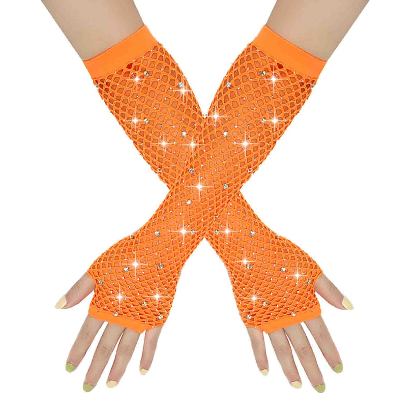 Netzhandschuhe Lange Fischnetz Fingerlose Handschuhe Netzhandschuhe für Damen mit Strass Fishnet Glänzende Modische Opernhandschuhe Glitzernde Handschuhe für 80er Jahre Kostümparty (Orange, One Size) von YueYue