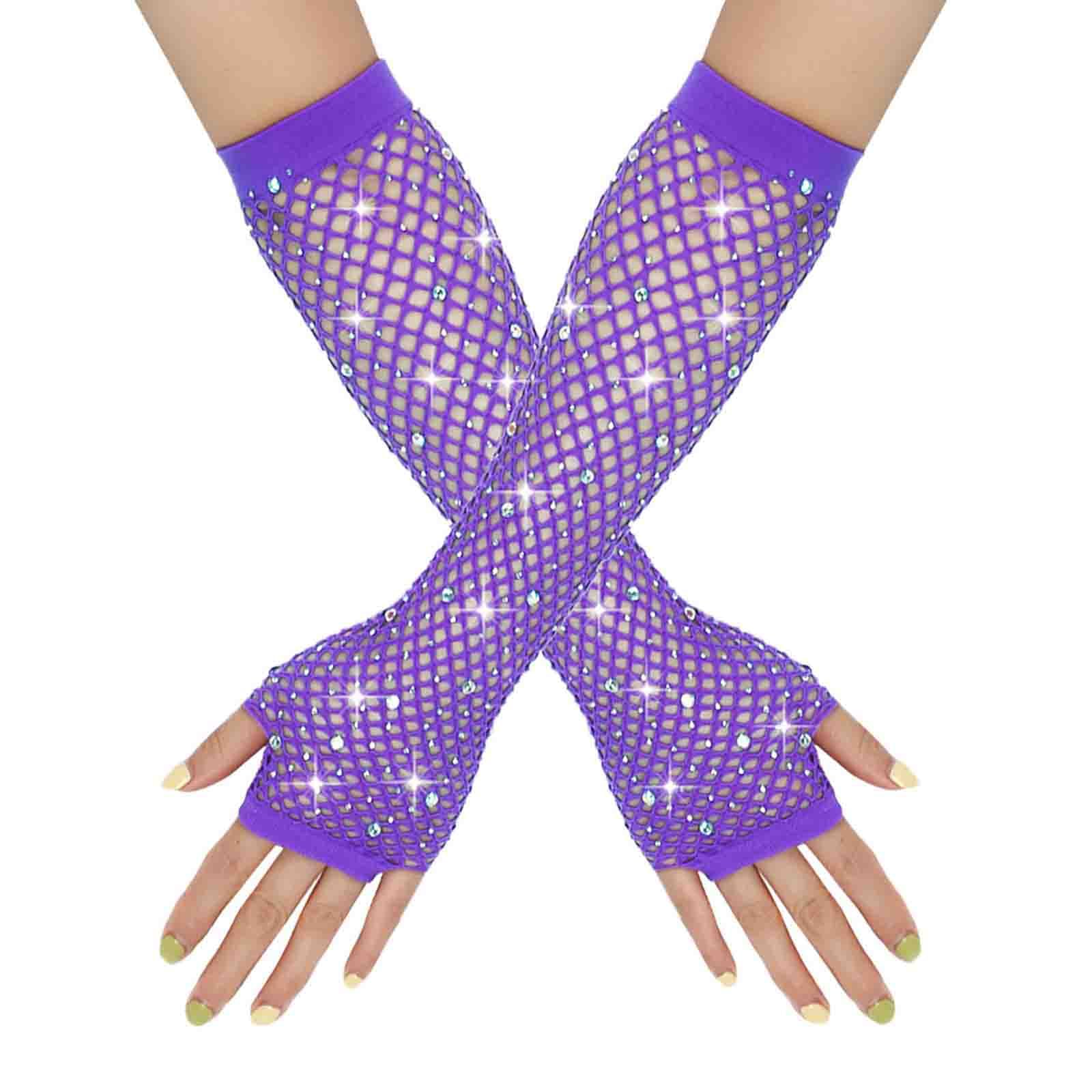 Netzhandschuhe Lange Fischnetz Fingerlose Handschuhe Netzhandschuhe für Damen mit Strass Fishnet Glänzende Modische Opernhandschuhe Glitzernde Handschuhe für 80er Jahre Kostümparty (Purple, One Size) von YueYue