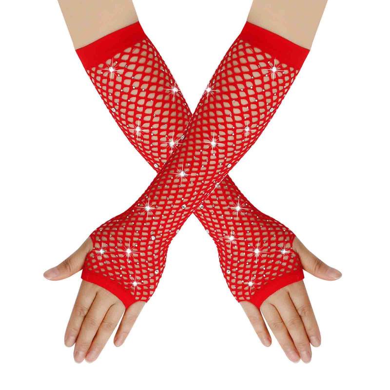 Netzhandschuhe Lange Fischnetz Fingerlose Handschuhe Netzhandschuhe für Damen mit Strass Fishnet Glänzende Modische Opernhandschuhe Glitzernde Handschuhe für 80er Jahre Kostümparty (Red, One Size) von YueYue