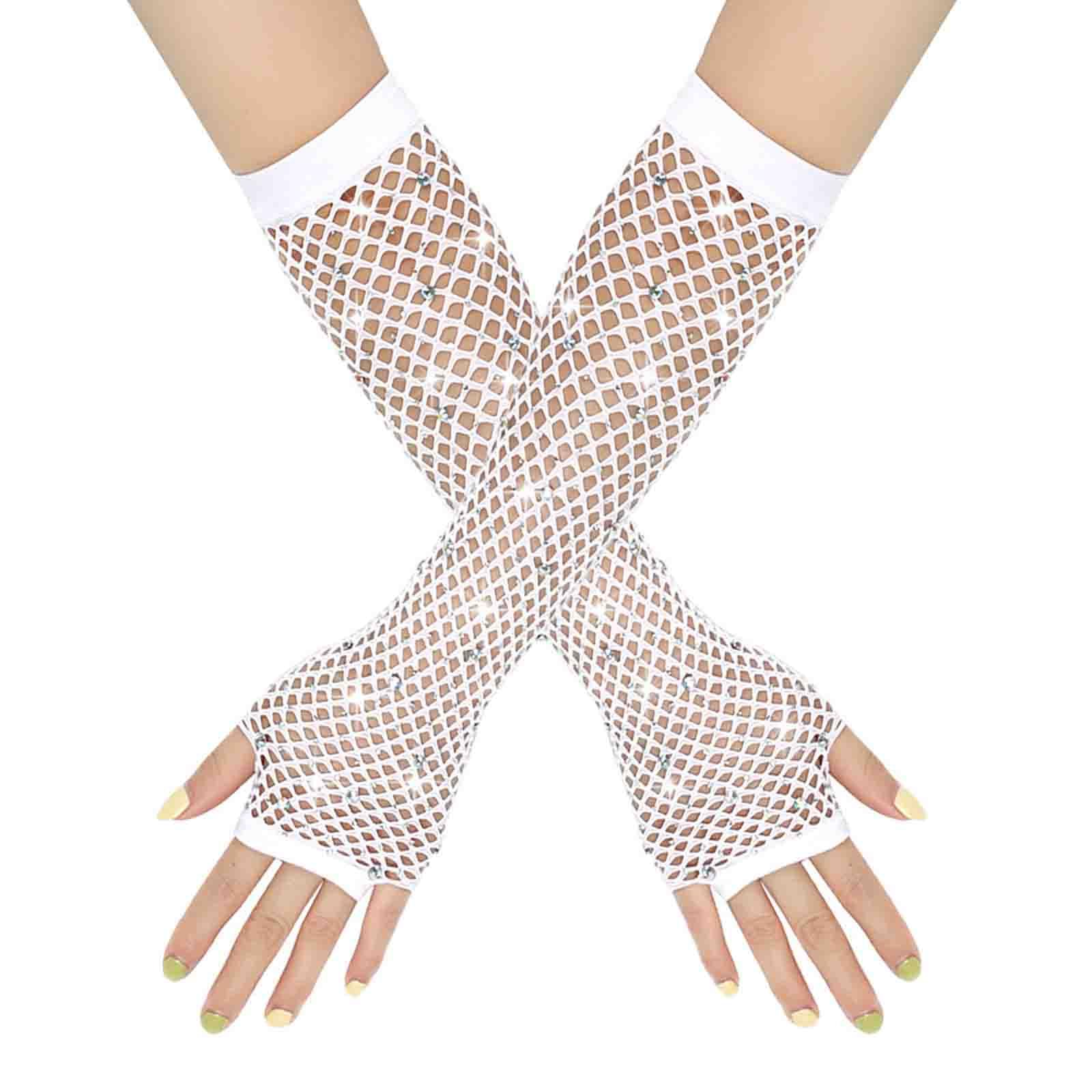 Netzhandschuhe Lange Fischnetz Fingerlose Handschuhe Netzhandschuhe für Damen mit Strass Fishnet Glänzende Modische Opernhandschuhe Glitzernde Handschuhe für 80er Jahre Kostümparty (White, One Size) von YueYue