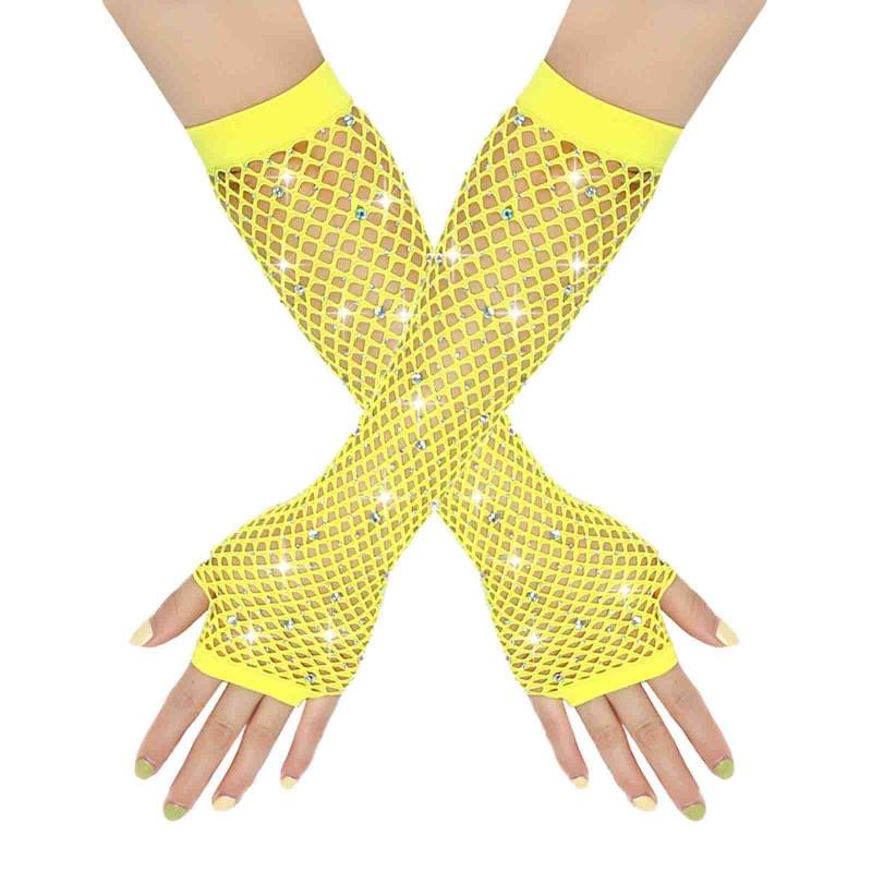 Netzhandschuhe Lange Fischnetz Fingerlose Handschuhe Netzhandschuhe für Damen mit Strass Fishnet Glänzende Modische Opernhandschuhe Glitzernde Handschuhe für 80er Jahre Kostümparty (Yellow, One Size) von YueYue