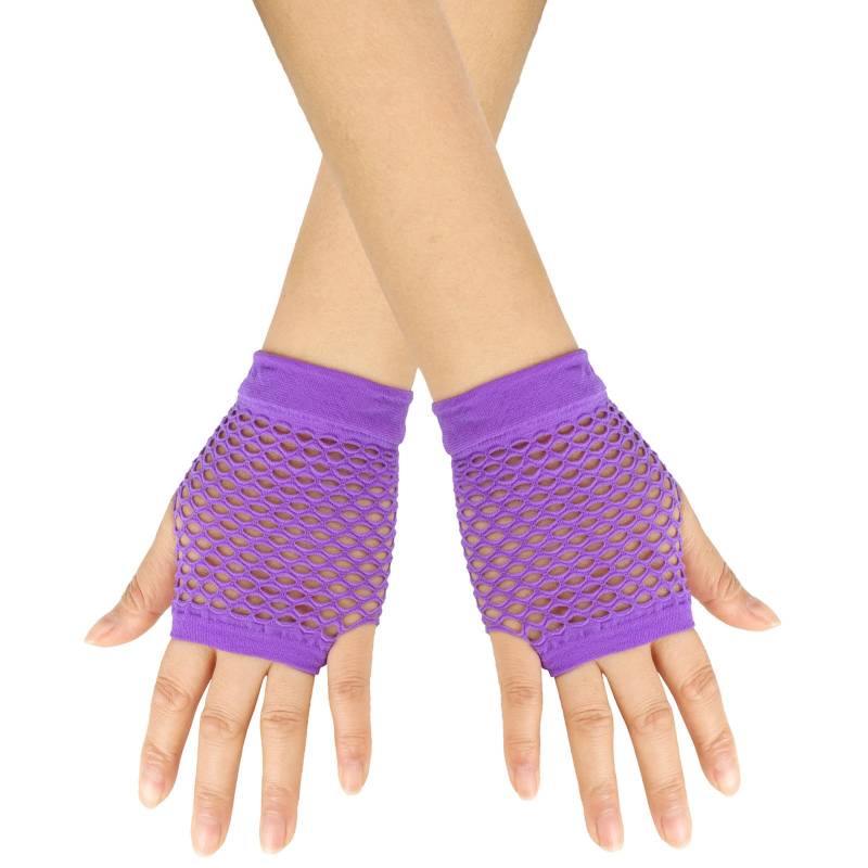 YueYue Fingerlose Netzhandschuhe Damen Kurze Stretch Mesh Handschuhe Retro Fischnetz Handschuhe für 80er Jahre Halloween Cosplay Damen Disco Maskerade Kostümzubehör Fishnet Gloves (Purple, One Size) von YueYue