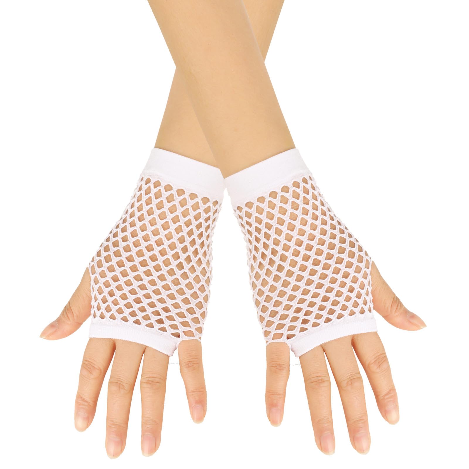 YueYue Fingerlose Netzhandschuhe Damen Kurze Stretch Mesh Handschuhe Retro Fischnetz Handschuhe für 80er Jahre Halloween Cosplay Damen Disco Maskerade Kostümzubehör Fishnet Gloves (White, One Size) von YueYue