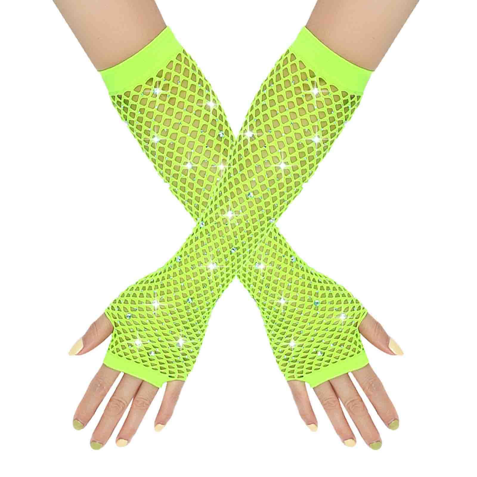 YueYue Netzhandschuhe Lange Fischnetz Fingerlose Handschuhe Netzhandschuhe für Damen mit Strass Fishnet Glänzende Modische Opernhandschuhe Glitzernde Handschuhe für 80er Jahre (Mint Green, One Size) von YueYue