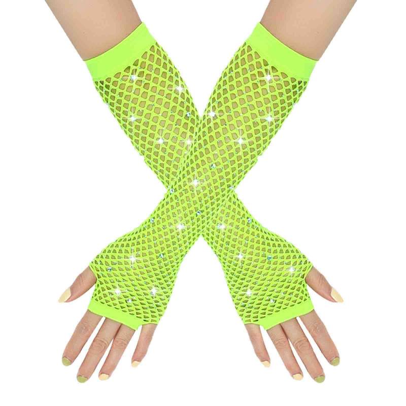 YueYue Netzhandschuhe Lange Fischnetz Fingerlose Handschuhe Netzhandschuhe für Damen mit Strass Fishnet Glänzende Modische Opernhandschuhe Glitzernde Handschuhe für 80er Jahre (Mint Green, One Size) von YueYue