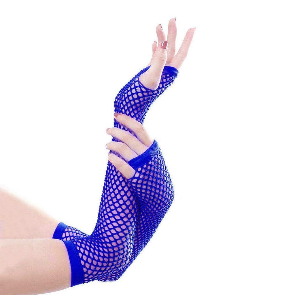 YueYue Netzhandschuhe Neonpink Fischnetz Handschuhe Lange Damen Fingerlose Handschuhe Fishnet Modische Damenhandschuhe 80er-Jahre Retro Party Disco Maskerade Kostüm Cosplay Zubehör (Blue, One Size) von YueYue