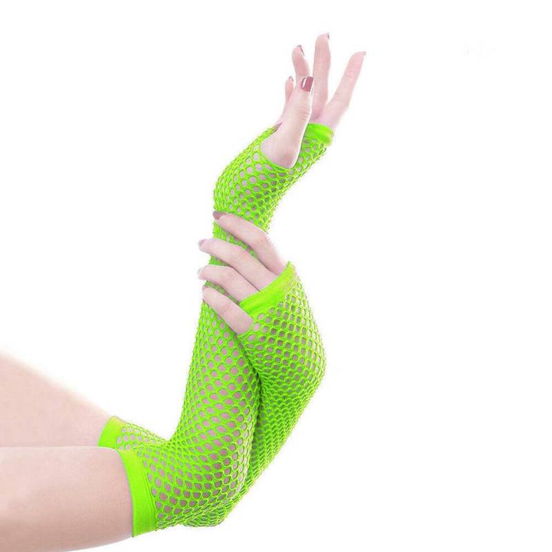 YueYue Netzhandschuhe Neonpink Fischnetz Handschuhe Lange Damen Fingerlose Handschuhe Fishnet Modische Damenhandschuhe 80er-Jahre Retro Party Disco Maskerade Kostüm Cosplay Zubehör (Green, One Size) von YueYue