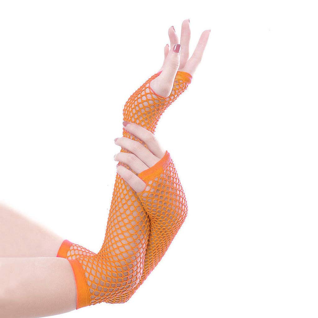 YueYue Netzhandschuhe Neonpink Fischnetz Handschuhe Lange Damen Fingerlose Handschuhe Fishnet Modische Damenhandschuhe 80er-Jahre Retro Party Disco Maskerade Kostüm Cosplay Zubehör (Orange, One Size) von YueYue