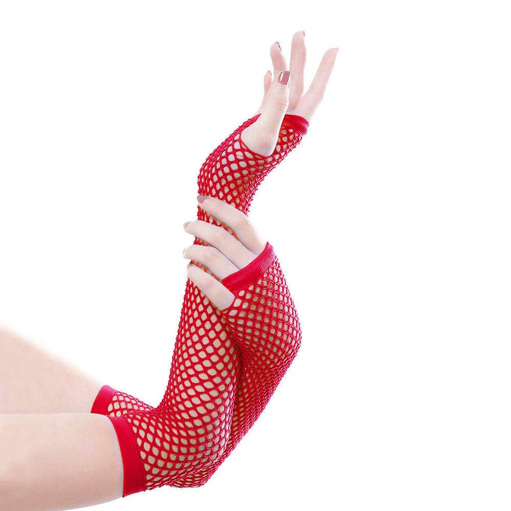 YueYue Netzhandschuhe Neonpink Fischnetz Handschuhe Lange Damen Fingerlose Handschuhe Fishnet Modische Damenhandschuhe 80er-Jahre Retro Party Disco Maskerade Kostüm Cosplay Zubehör (Red, One Size) von YueYue