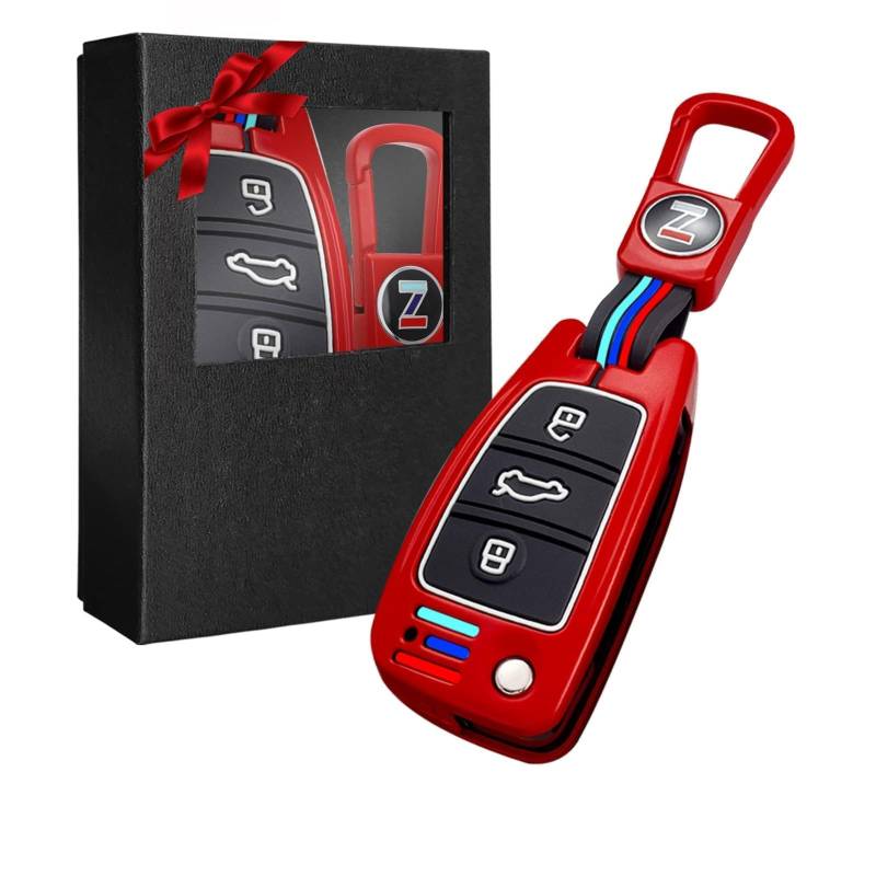 Yumzeco Zinklegierung Autoschlüssel Hülle Keyless Kompatibel mit A1 A3 A4 A5 A6 Q3 Q5 Q7 S3 S4 RS5 RS6 TT Schlüsselhülle mit Silicone TPU Schlüssel Cover Schutzhülle mit Schlüsselanhänger Rot von Yumzeco