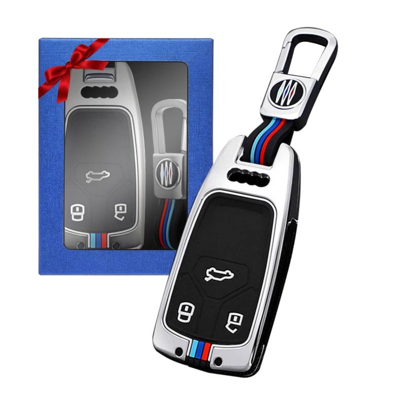 Yumzeco Zinklegierung Autoschlüssel Hülle Keyless Kompatibel mit Au*di A4 B9 A5 A6L S4 S5 S7 8W Q7 4M TT TTS RS Schlüsselhülle mit Silicone TPU Schlüssel Cover Schutzhülle mit Schlüsselanhänger Silber von Yumzeco