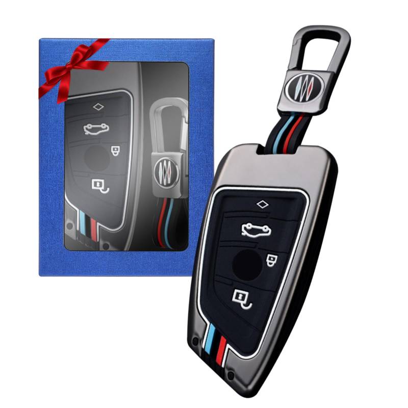 Yumzeco Zinklegierung Autoschlüssel Hülle Keyless Kompatibel mit BMW 2 3 5 7 Serie X1 X2 X3 X5 X6 Schlüsselhülle mit Silicone TPU Schlüssel Cover Schutzhülle mit Schlüsselanhänger Grau von Yumzeco