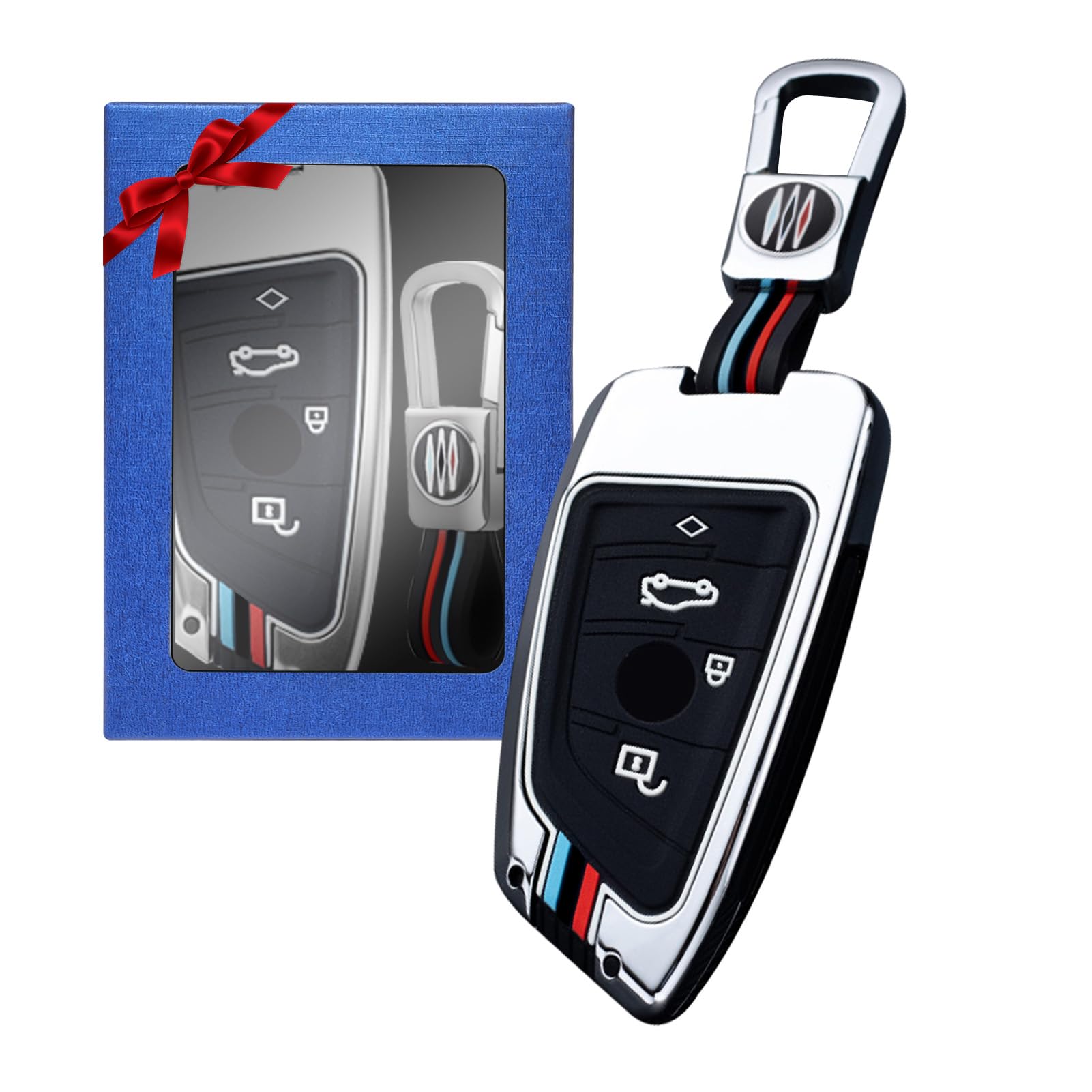 Yumzeco Zinklegierung Autoschlüssel Hülle Keyless Kompatibel mit BMW 2 3 5 7 Serie X1 X2 X3 X5 X6 Schlüsselhülle mit Silicone TPU Schlüssel Cover Schutzhülle mit Schlüsselanhänger Silber von Yumzeco