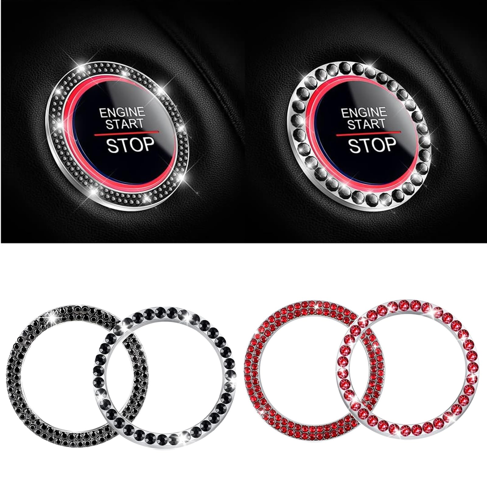 Yuqilin Start Stop Knopf Deko,4 Stücke Auto Zubehör Innenraum Universal Multifunktions Auto Knopf Aufkleber Auto Zubehör Glitzer Auto Zubehör Innenraum Frauen(Schwarz+Rot) von Yuqilin