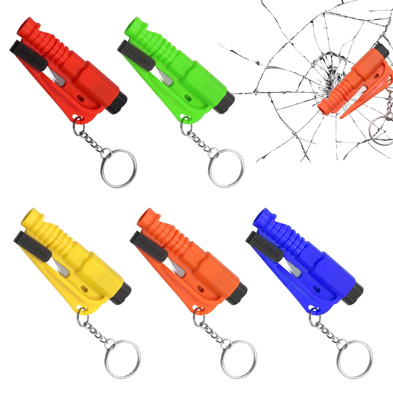 Yuragim 5 Pcs Gurtschneider Notfallhammer, 3 in 1 Notfall-Schlüsselbund-Auto-Fluchtwerkzeug mit Sicherheitsgurtschneider Fensterbrecher und Notfallpfeife,Auto-Sicherheits-Schlüsselanhänger Rescue Tool von Yuragim