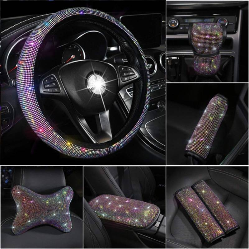 Bling Vollkristall Lenkradbezug Strass Diamant Auto Lenkradbezüge Auto Styling Auto Zubehör Set Mädchen Interieurleisten(Steering Wheel Cover) von Yurefax