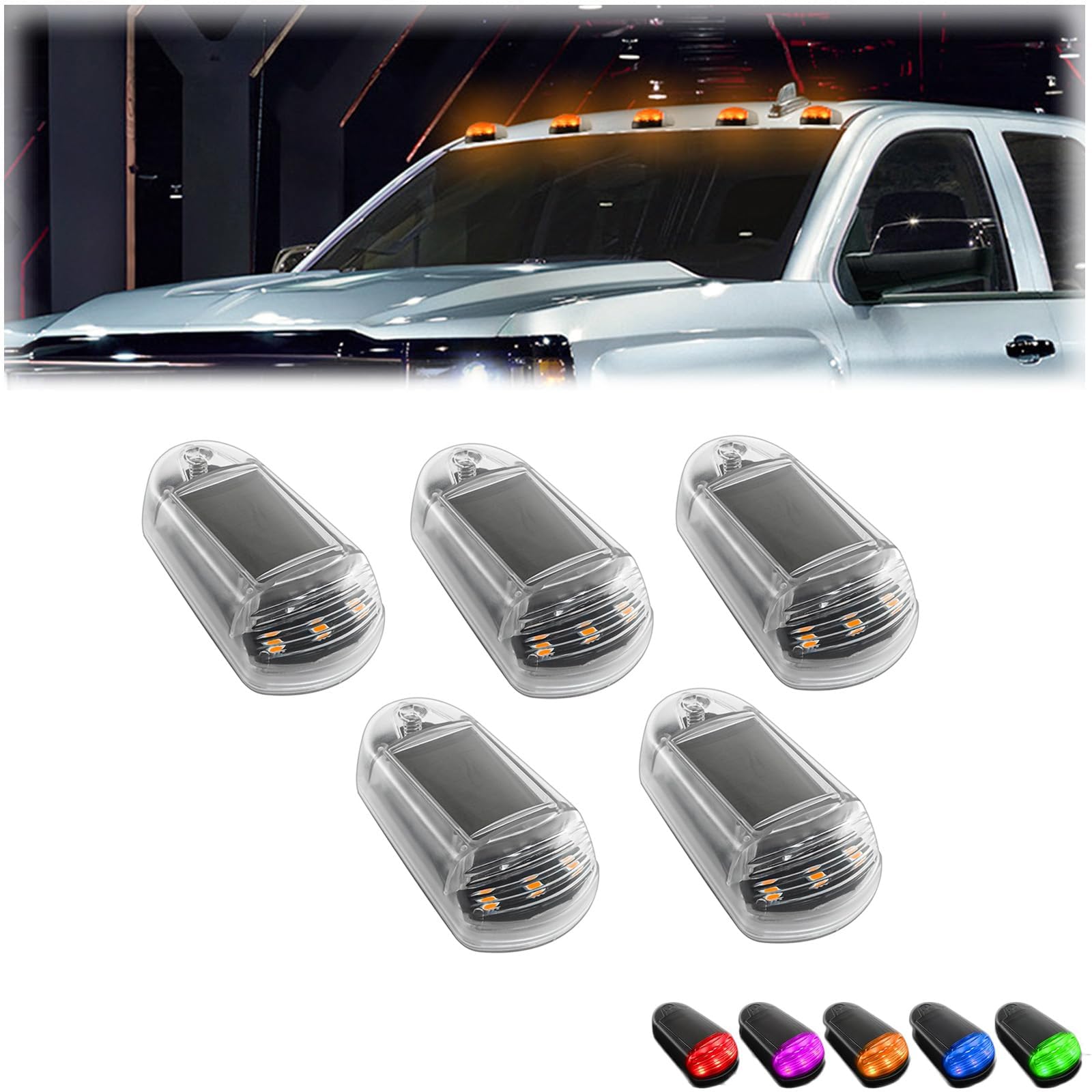 5 Stück Wireless Cab Lights for Truck, Wireless Solar Powered Cab Lights for Truck, Solar Seitenmarkierungsleuchten, 7 Farben Auto Seitenleuchten, Solar Power Cab Lights (Weiße Schale – Farbe 7) von YuuFcy