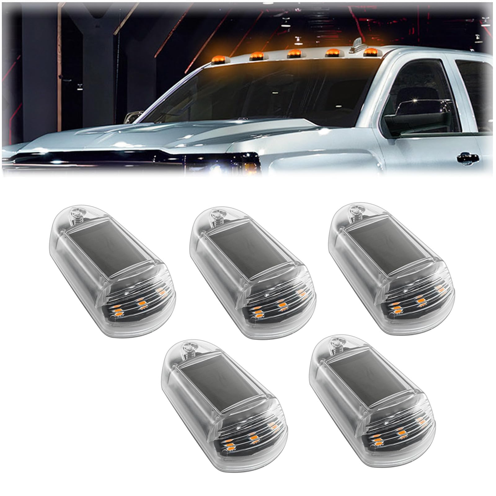 5 Stück Wireless Cab Lights for Truck, Wireless Solar Powered Cab Lights for Truck, Solar Seitenmarkierungsleuchten, 7 Farben Auto Seitenleuchten, Solar Power Cab Lights (Weiße Schale – gelbes Licht) von YuuFcy