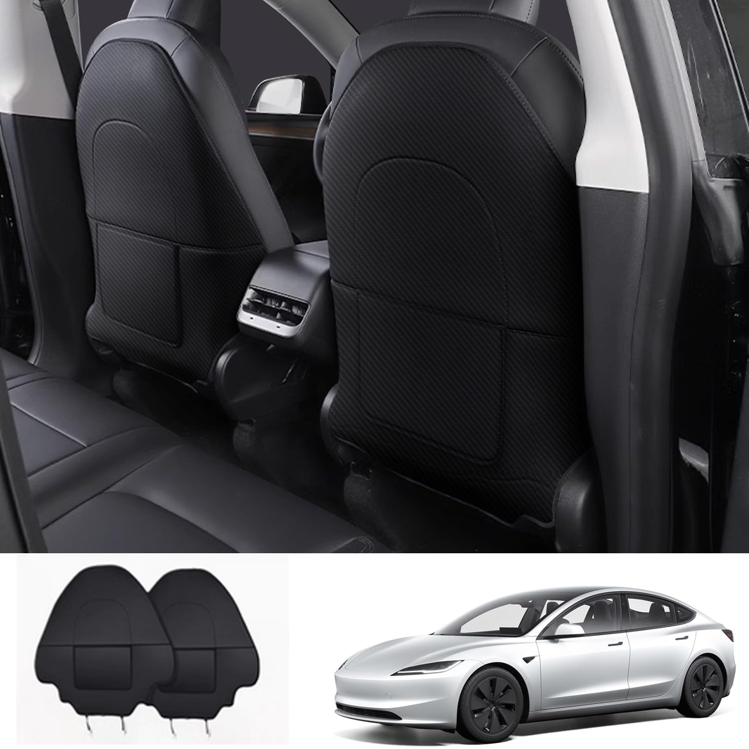 Ywooon Schutzbezug für Tesla Model Y Model 3 Model S Model X, Leder Sitzschoner Kinder seat Kick Protector Sitzschoner Kindersitz Rückenlehne Sitzbezug, Kohlefaser von Ywooon