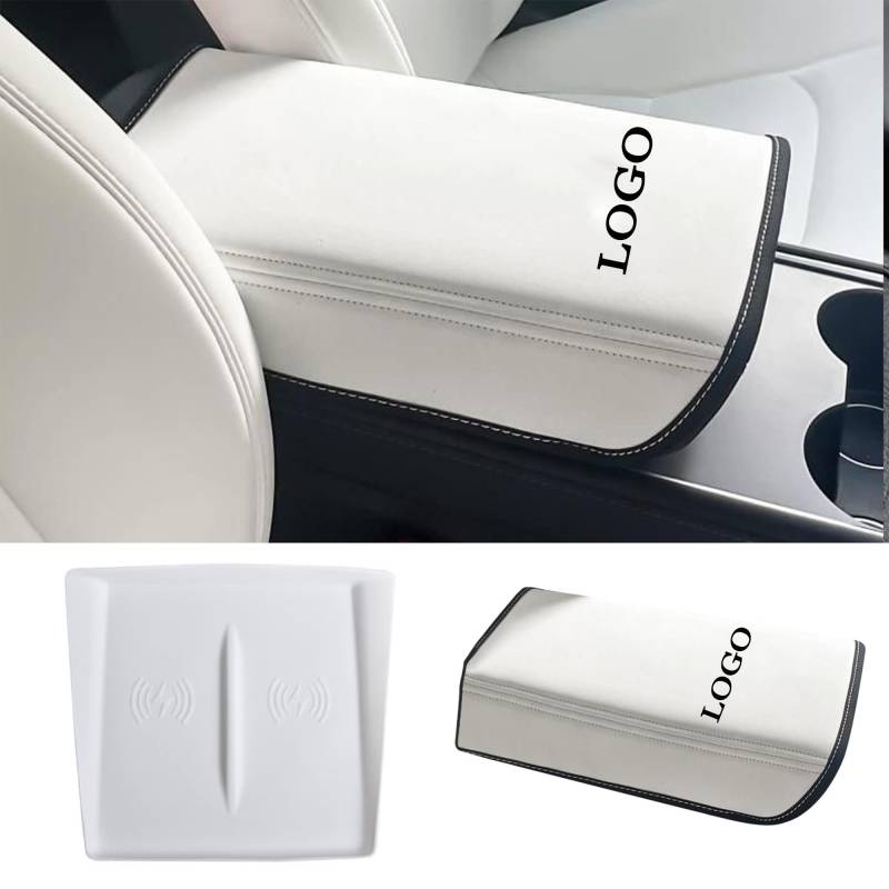 Ywooon Armlehnenabdeckung Mittelkonsole Armlehne Box Protector Deckel Pad für Tesla Model 3 2017-2023 Model Y 2020-2024 Mittelkonsole Wireless Charger Mat Auto Wasserdicht Zubehör (Weiß) von Ywooon