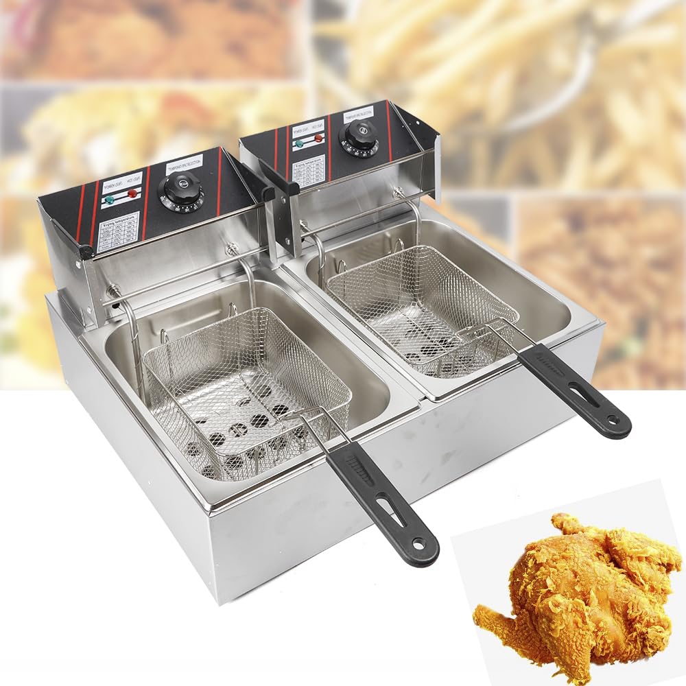 Edelstahl Doppel-Fritteuse,220V Friteuse Elektro Fritöse, 60-200°C Edelstahl Gastro Friteuse, mit 2* Edelstahl-Körbe, für Pommes oder Snacks von YyanLAK