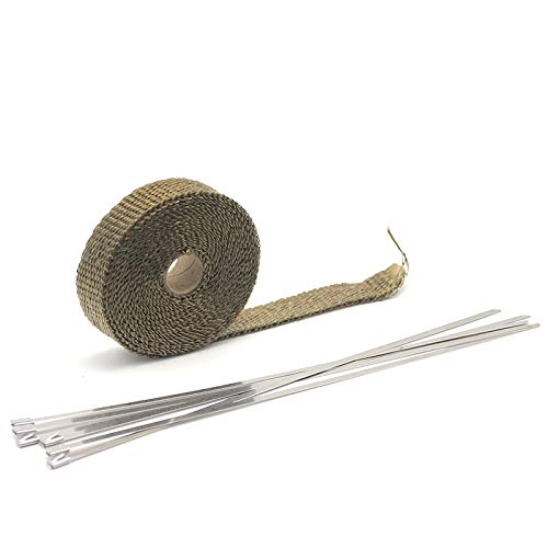 Auspuffband，Hitzeschutzband Auspuff 5m / 10m / 15m Thermisches Auspuffkopf-Rohrband Wärmeisolierende Wickelband-feuerfeste Stoffwalze mit dauerhaftem Stahl-Krawatten-Kit(25mm 15M Titanium) von ZACUNXY