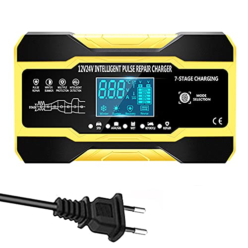 Autobatterie LadegeräT,Kfz LadegeräT Vollautomatisches Auto-Batterieladegerät 1 2V 10A 24V 5A Smart Fast-Laden für Säure-Batterieladegerät-Anzeige(Yellow) von ZACUNXY