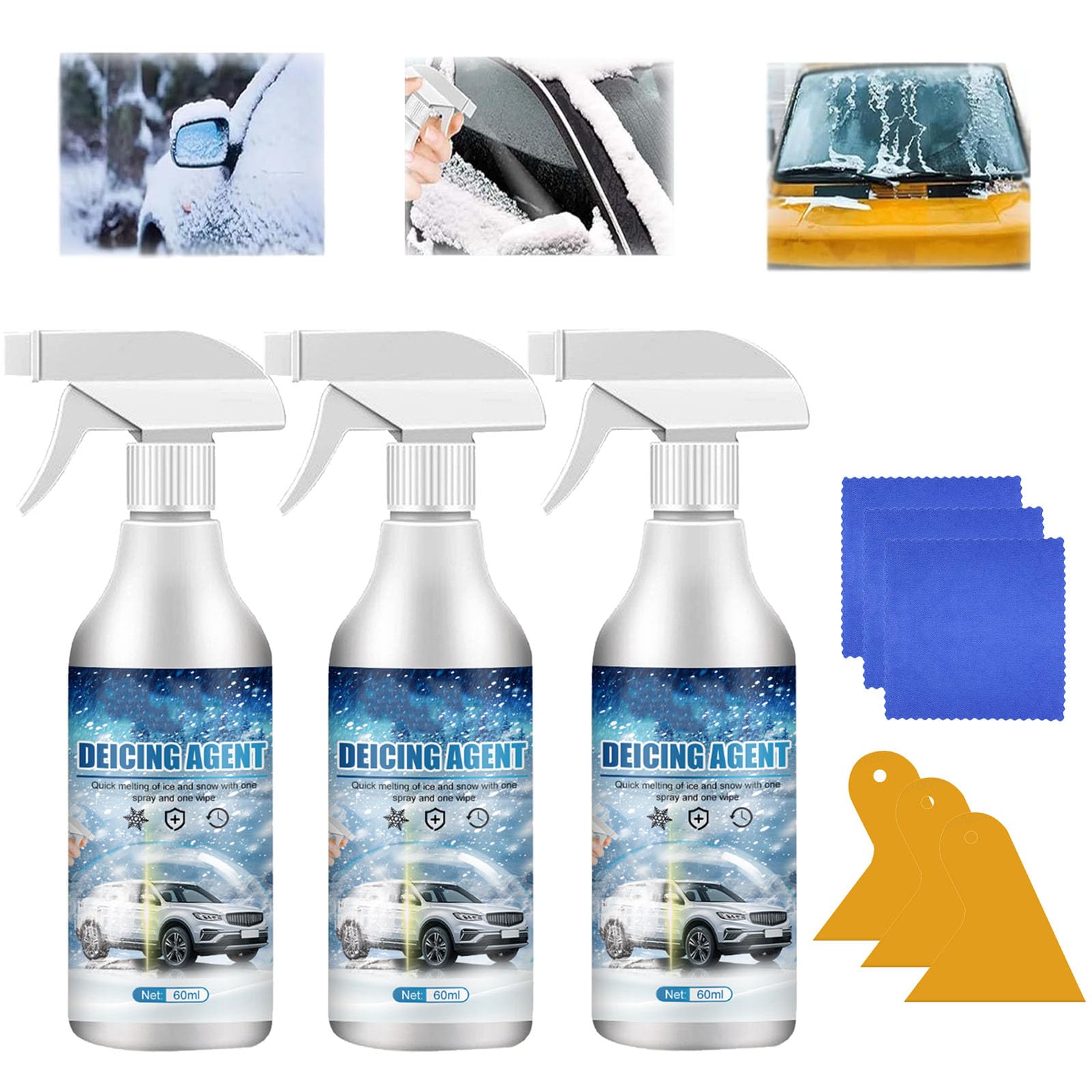 ZANWANXIN Deicer Spray for Car Windshield, De - Icer for Car Windshield Defroster, Ice Remover Melting Spray, Defrost Spray Windshield, Fast Ice & Snow Melting Spray 60ml, Window Snow Spray (3Pcs) von ZANWANXIN