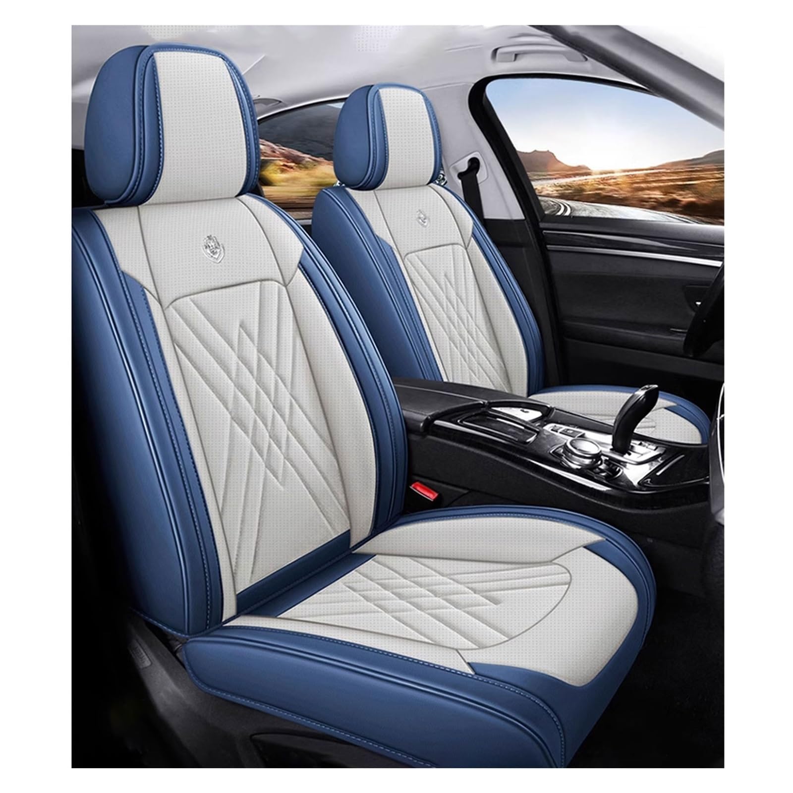 ZARUXCHA Universal-Sitzbezug Komplett-Set Für Audi Q2 Q3 Q4 SUV Sportback, AutositzbezüGe Set Leder, 5-Sitze Universal-SitzbezüGe Auto Komplettset(A(Blue-Beige)) von ZARUXCHA