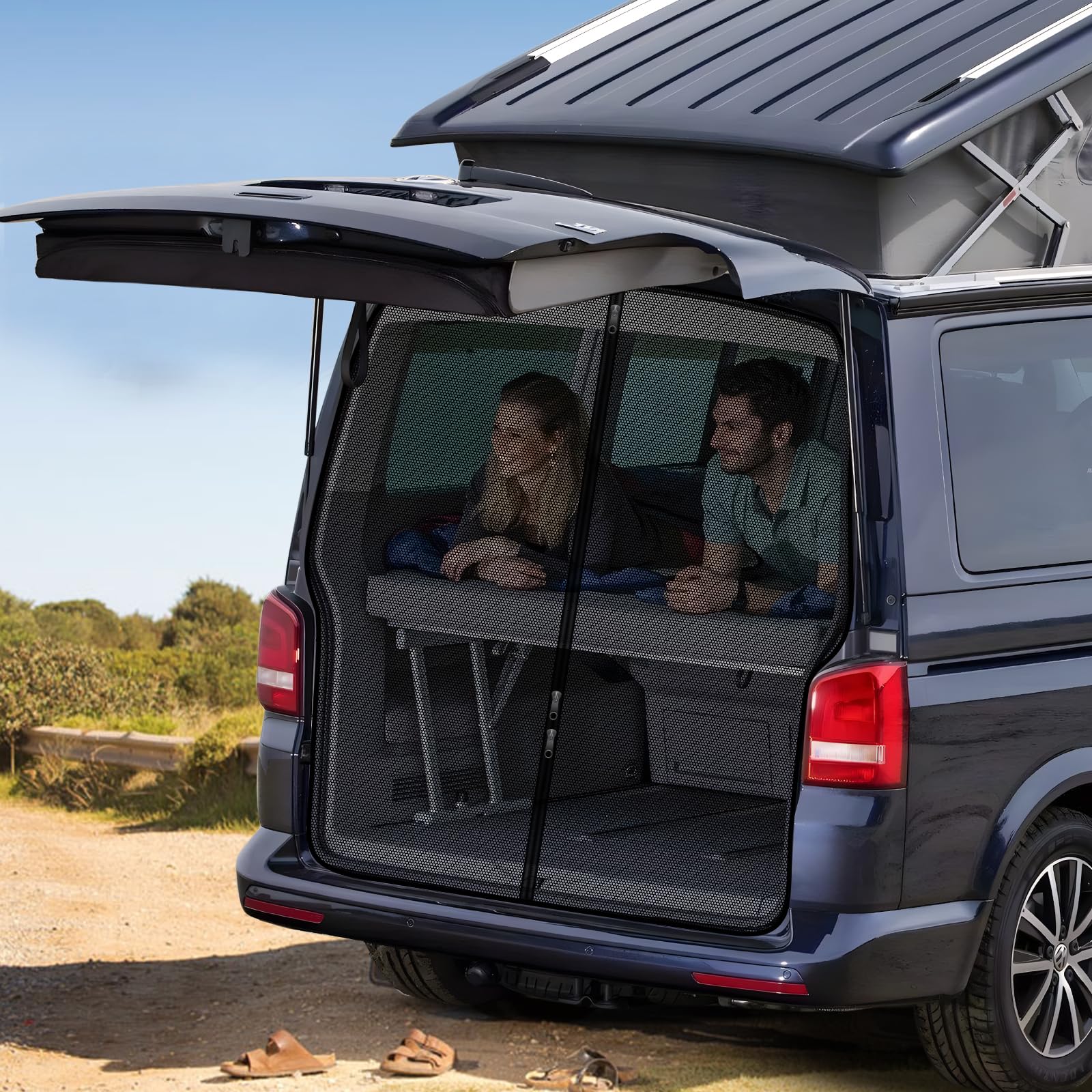 ZATOOTO Sonnenschutz Auto Heckklappen Nur Passend für VW T5 T6, Kofferraumabdeckung mit Dreireißverschluss, Magnetisch Trennvorhang Schattennetz Moskitonetz für Camping Reise von ZATOOTO