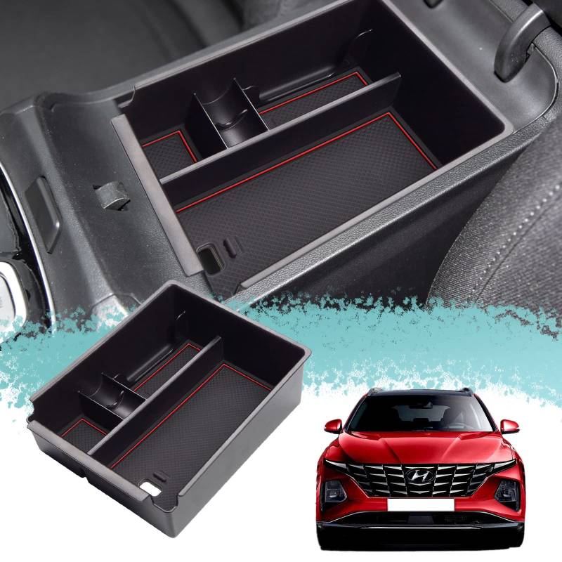 ZCLINKO Kompatibel mit Hyundai Tucson NX4 2021 2022 (Automatische) / Santa Cruz Auto Mittelkonsole Armlehnen Aufbewahrungsbox Handschuhfach Organizer für Zubehör Tuning mit Rutschfester Matte (Rot) von ZCLINKO