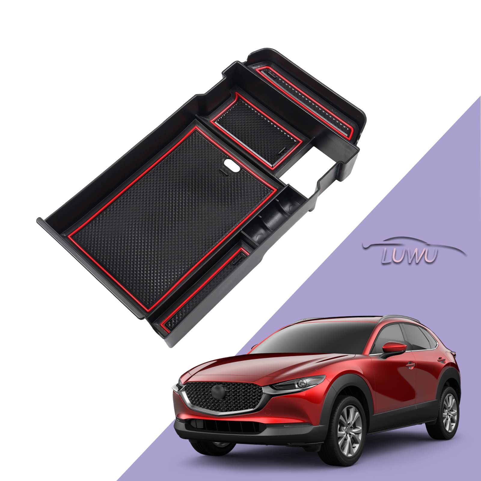 ZCLINKO Kompatibel mit Mazda CX 30 2023 2019-2022 Mittelkonsole Aufbewahrungsbox, Armlehne Organizer Handschuhfach mit Antirutschmatten, Tray Storage Box Auto Zubehör(Rot) von ZCLINKO