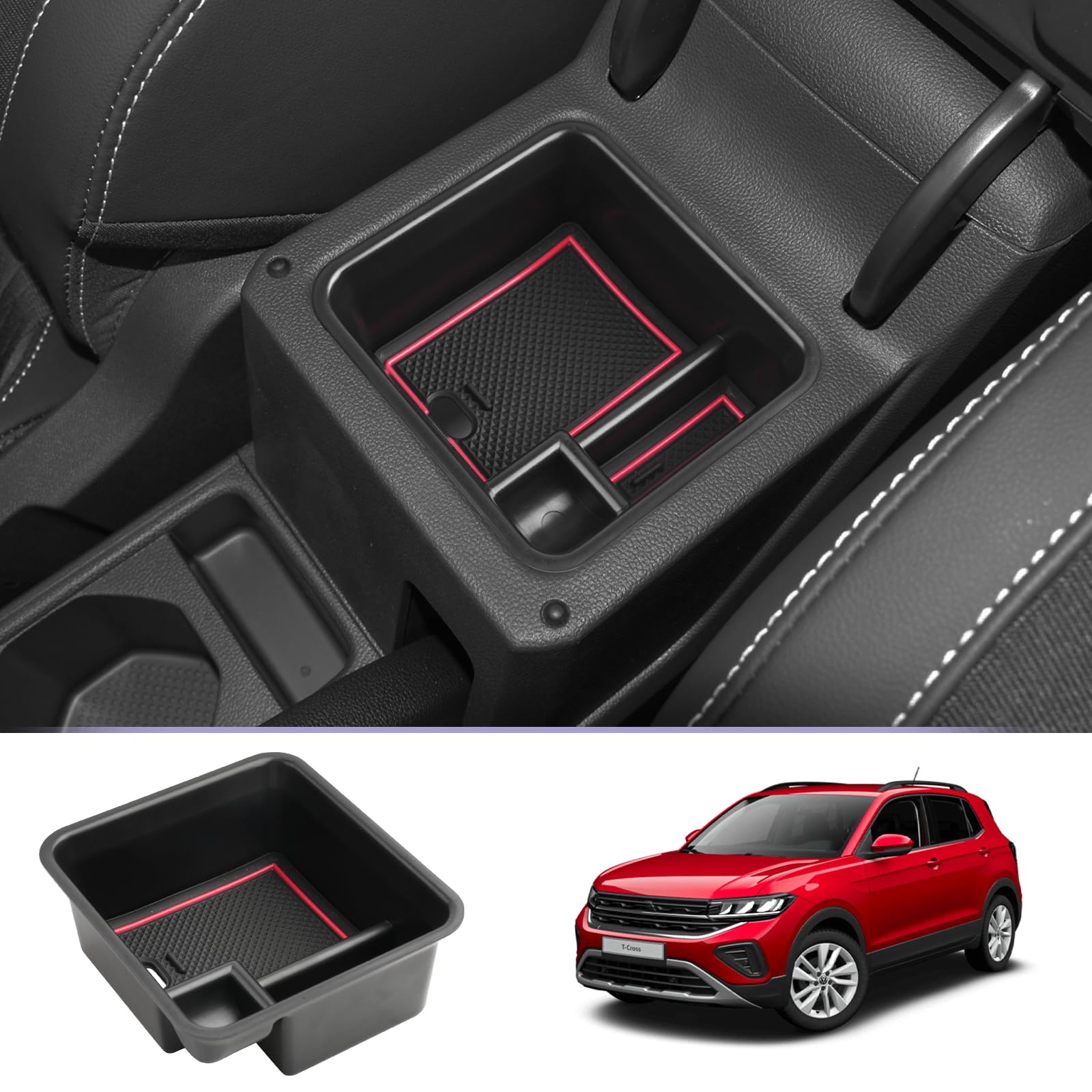 ZCLINKO Kompatibel mit VW T-Cross T Cross 2018-2023 2024 Armlehne Aufbewahrungsbox Mittelkonsole Armlehne Organizer Handschuhfach Tray mit Antirutschmatten Auto Zubehör (Rot) von ZCLINKO